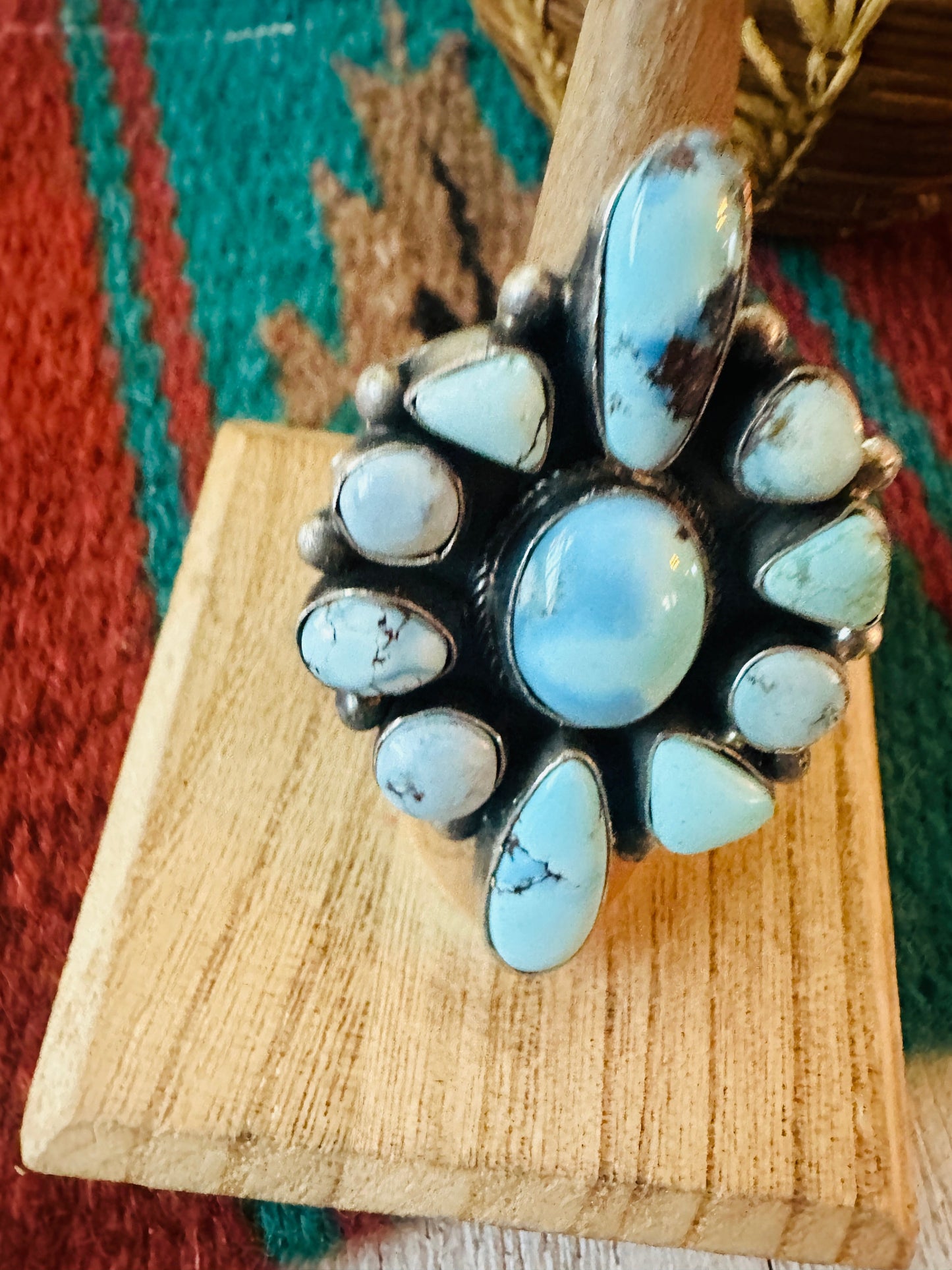Handcrafted Golden Hills Turquoise & Sterling Silver Cluster Ring by Bobby Johnson, Size 7