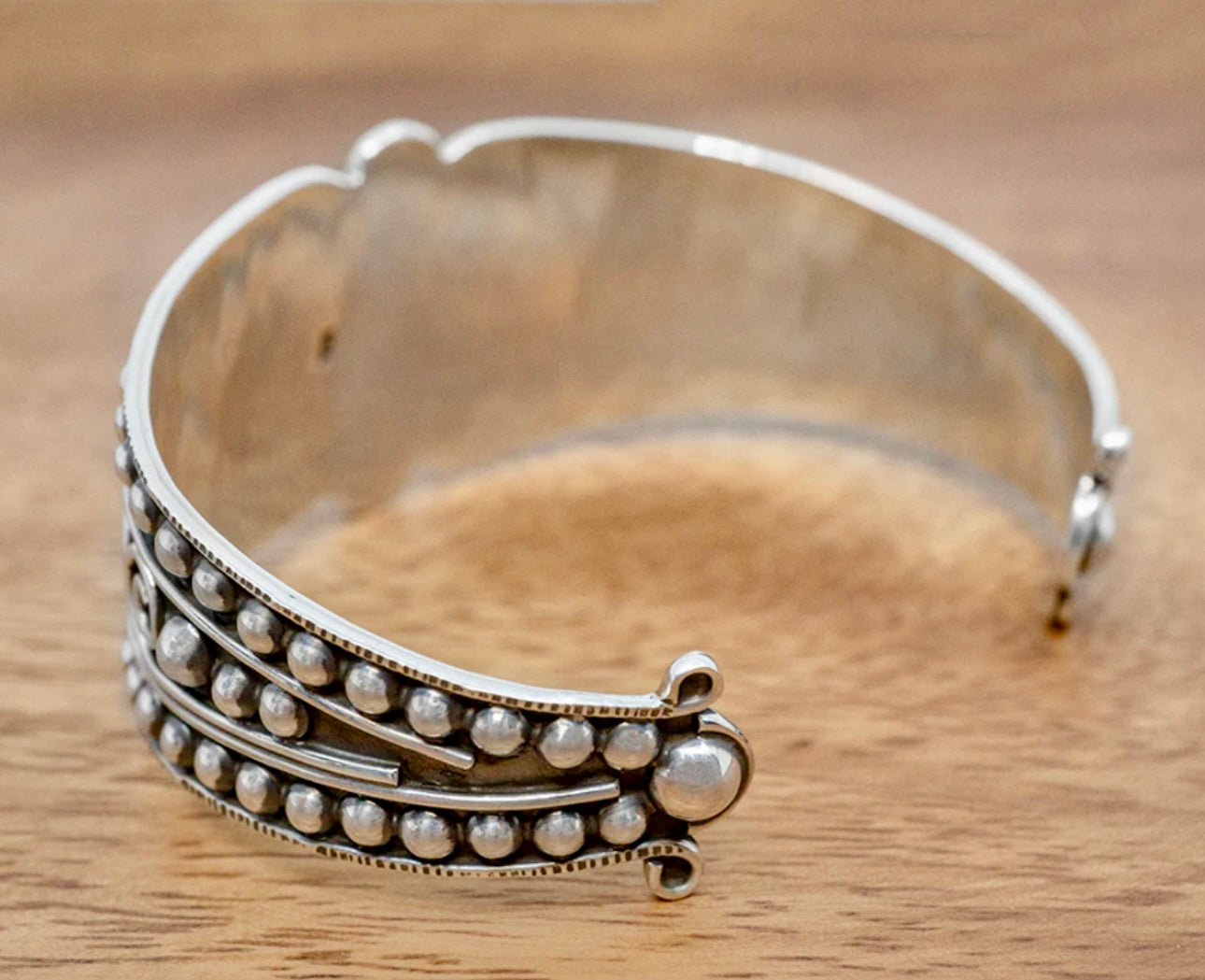 Vintage Style Sterling Silver Cuff Bracelet W/Center Bead Cross