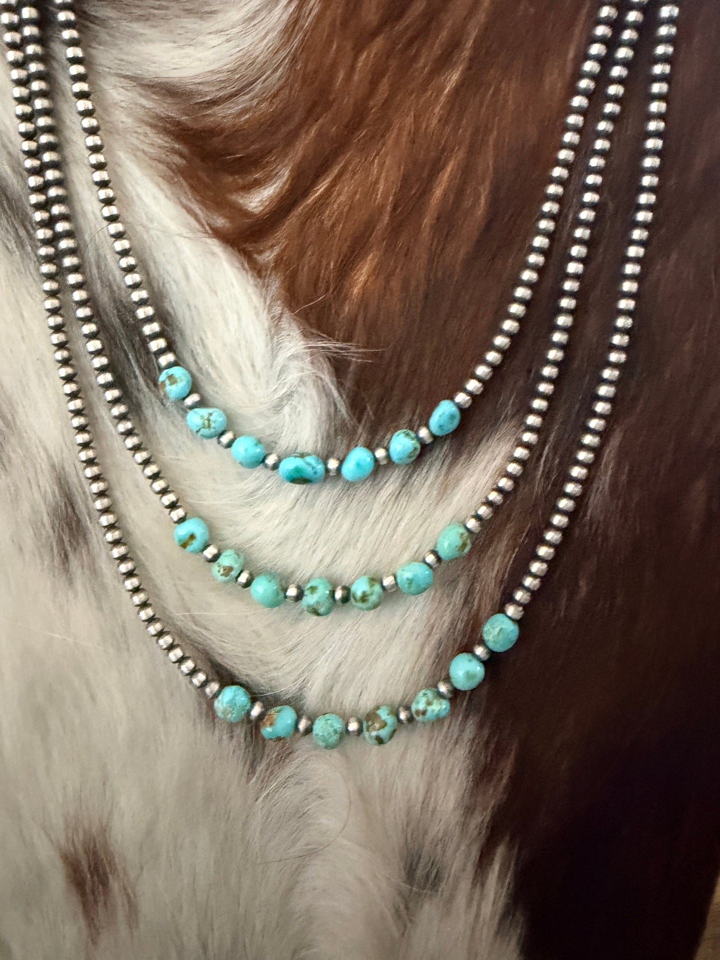 Handcrafted 7 Stone Turquoise & 3mm Sterling Silver Pearl Beaded Necklace