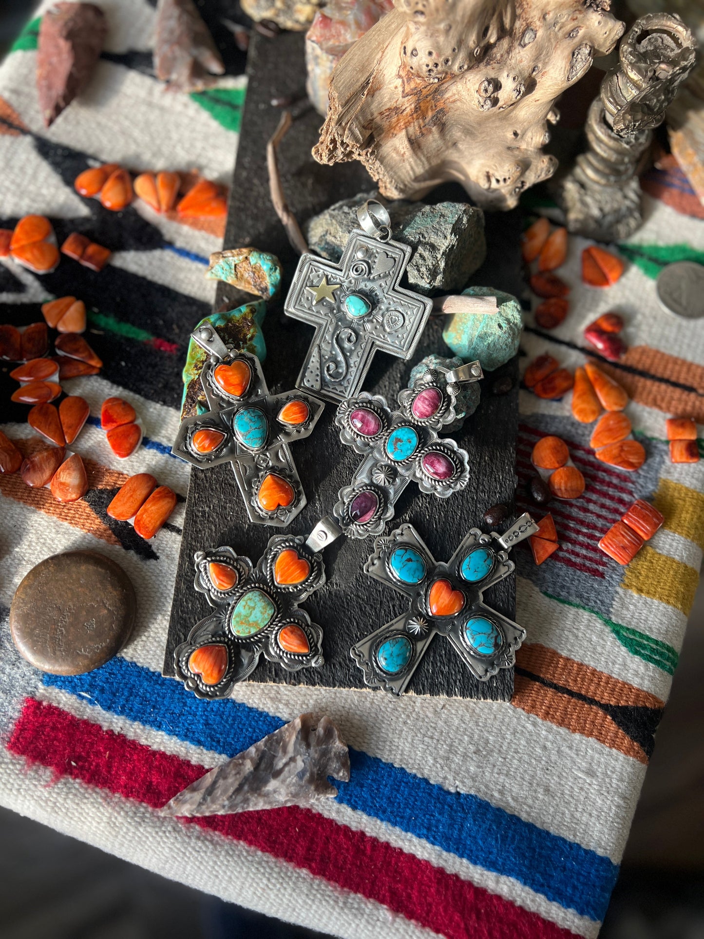 Hand Stamped Sterling Silver, Kingman Turquoise & Spiny Oyster Cross Pendant by Kimari Somers