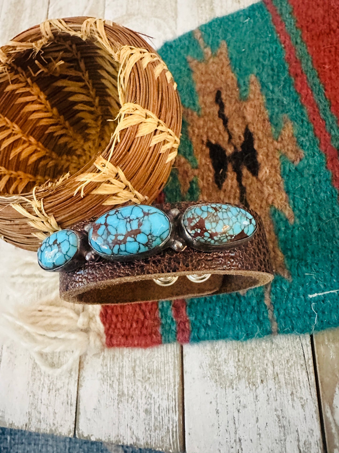 Handcrafted Egyptian Turquoise & Sterling Silver Leather Bracelet