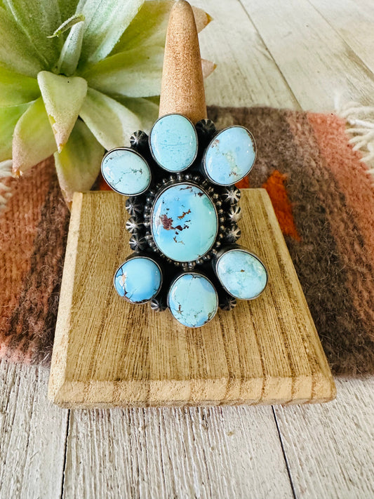 Handcrafted Golden Hills Turquoise & Sterling Silver Cluster Ring Size 10.5