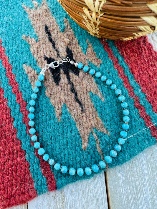 Handcrafted Turquoise & Sterling Silver Beaded Bracelet 7.5"