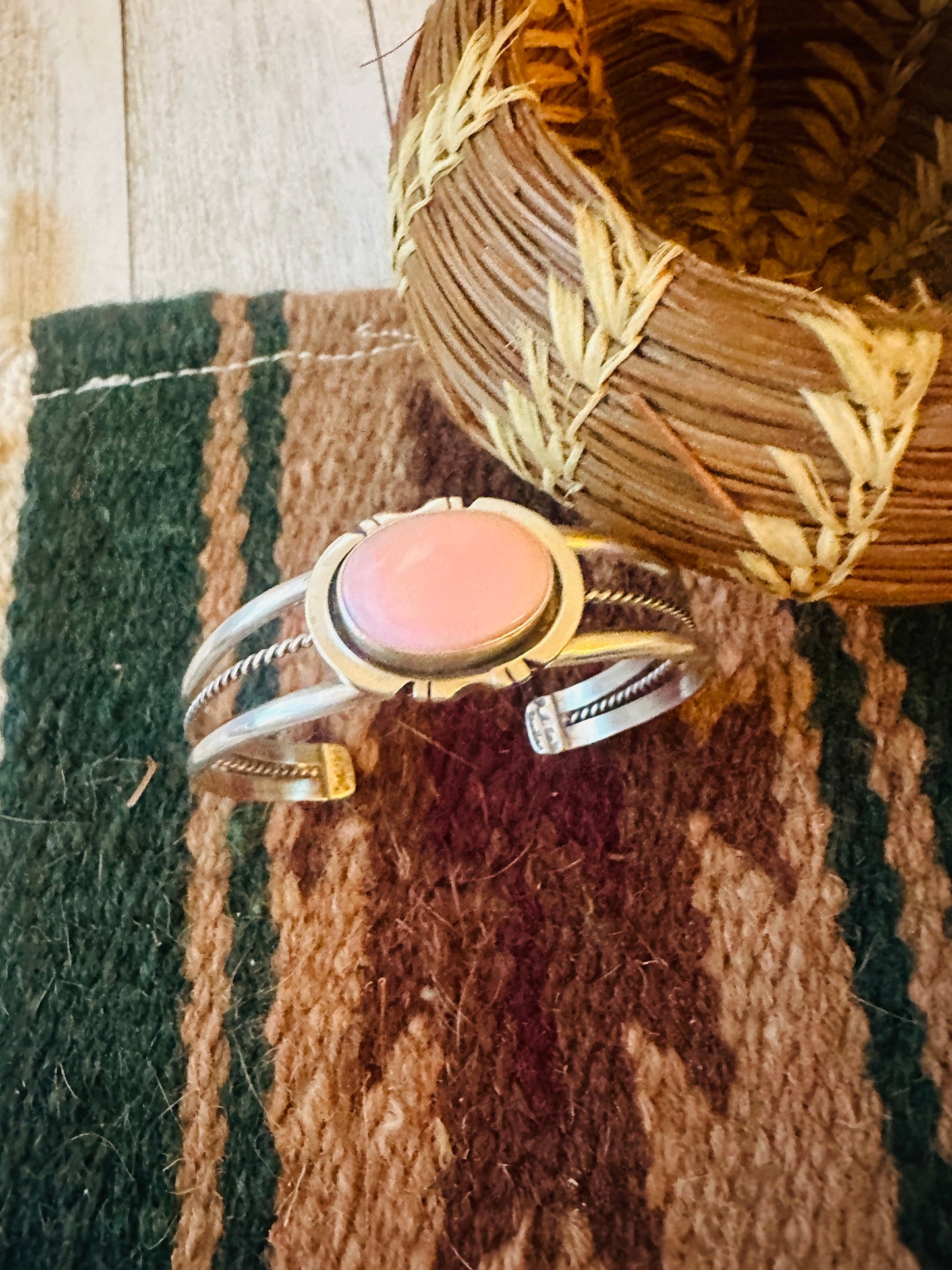 Handcrafted Queen Pink Conch Shell & Sterling Silver Cuff Bracelet