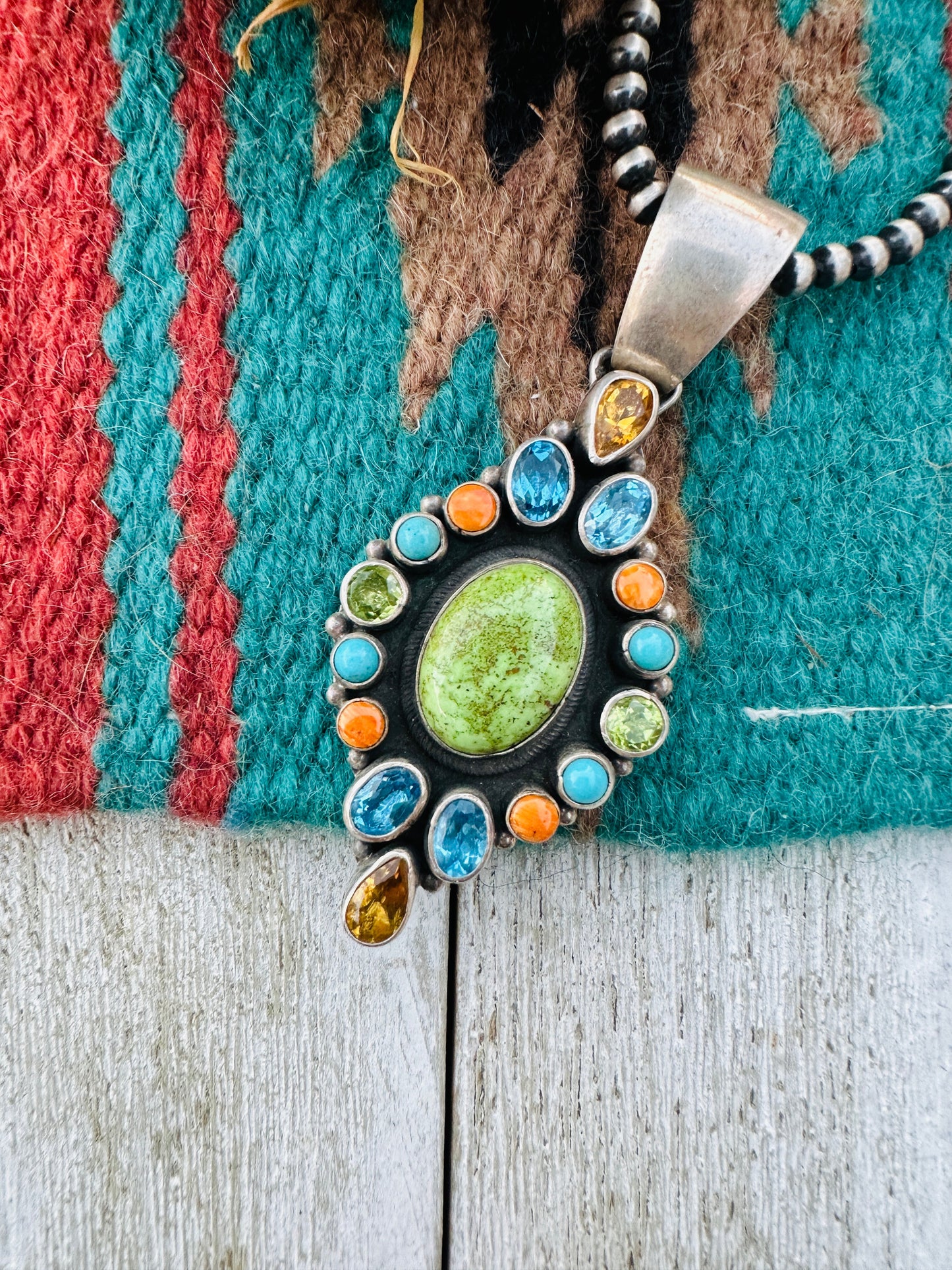 Old Pawn Handcrafted Multi Stone and Sterling Silver Inlay Pendant