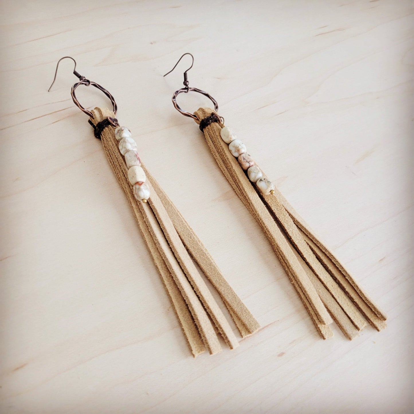 Leather Fringe Earrings with Regalite Sandstone Beads 100j