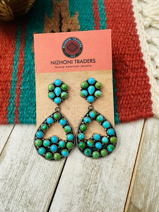 Handcrafted Sonoran Mountain Turquoise & Sterling Silver Cluster Dangle Earrings