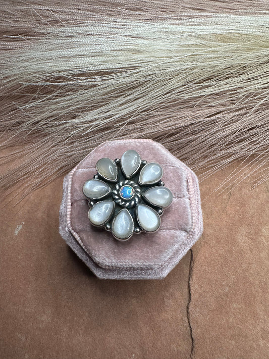 Beautiful Handmade Mother of Pearl, Fire Opal And Sterling Silver Adjustable Flower Ring