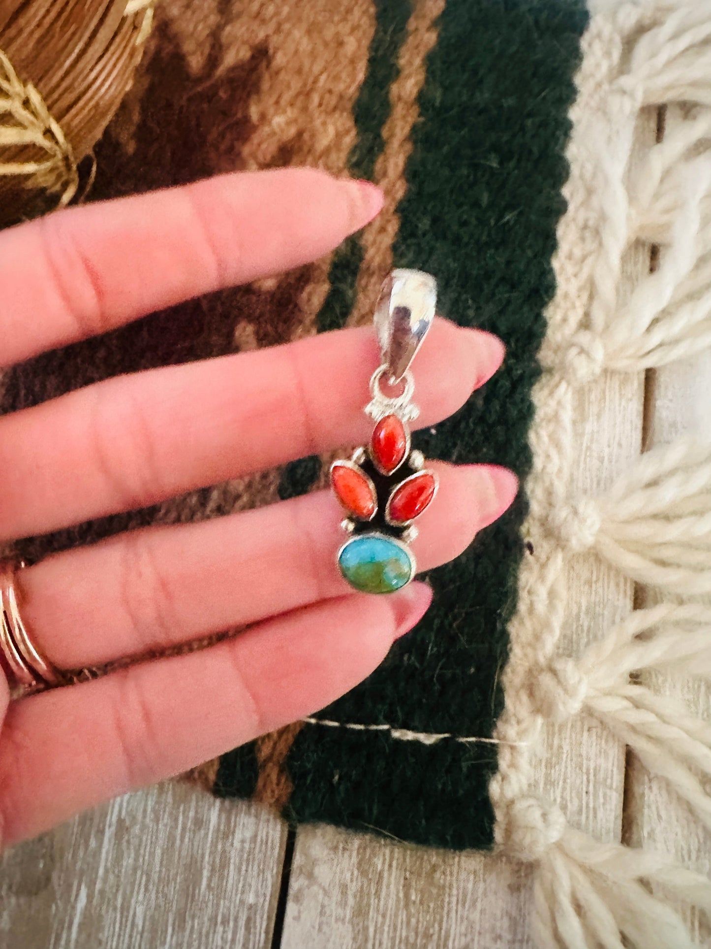 ** Christmas Collection ** Handmade Sterling Silver, Coral & Turquoise Pendant Signed Nizhoni