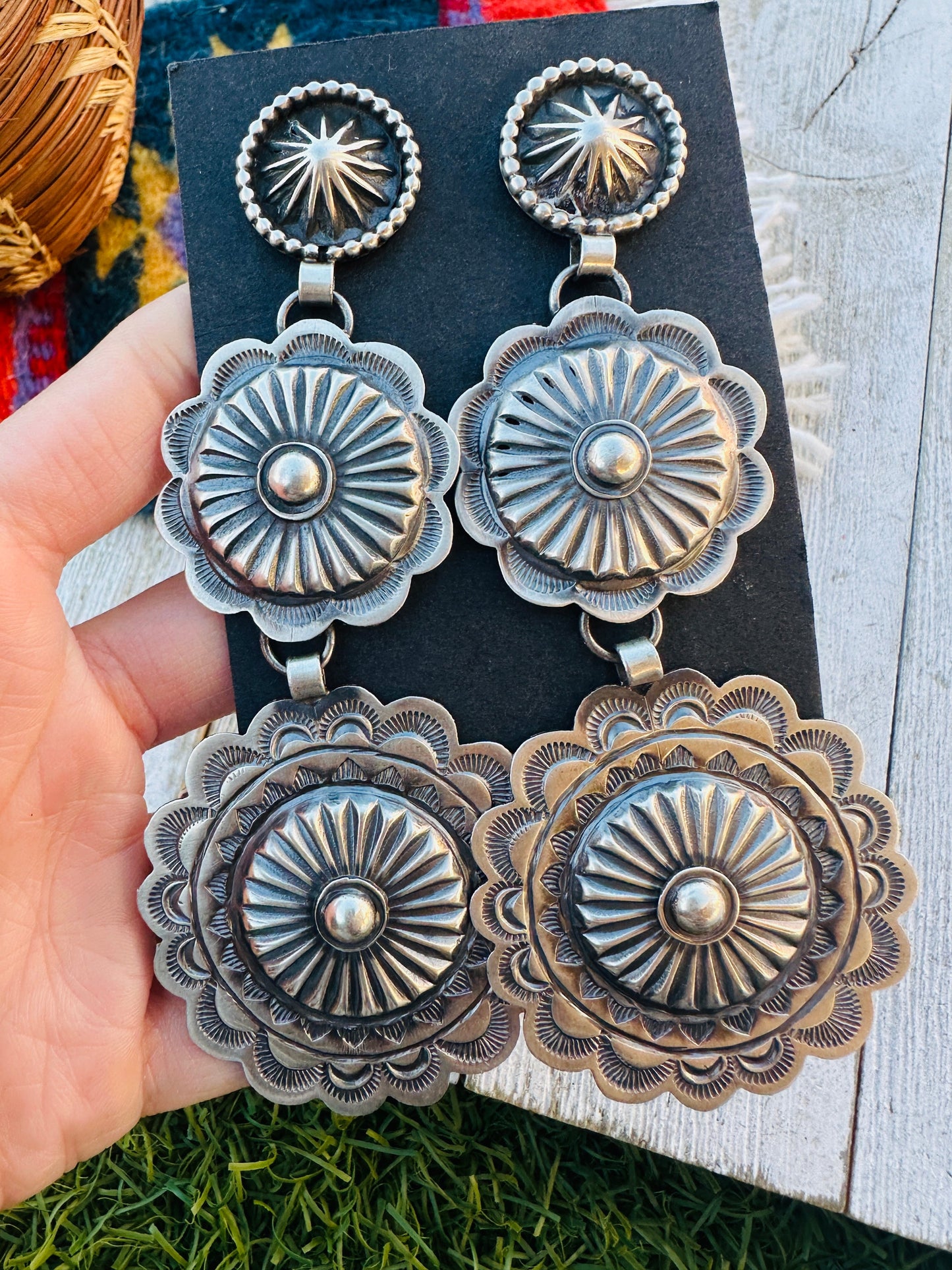 Handcrafted Sterling Silver Concho Dangle Earrings by Hemerson Brown