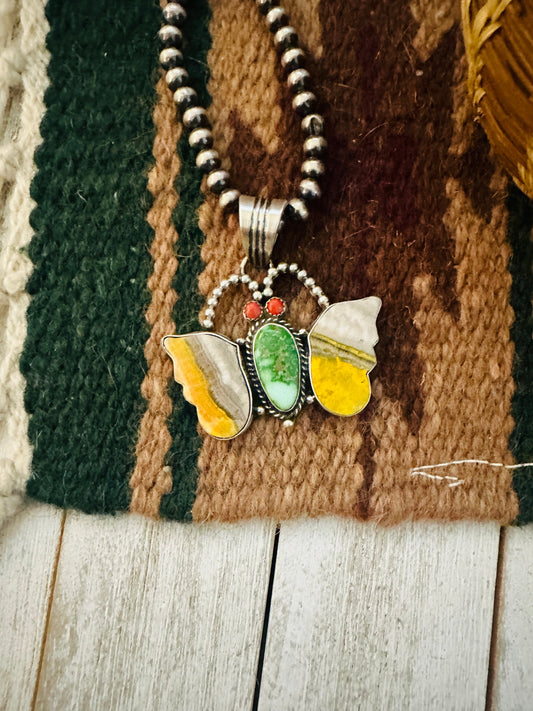 Navajo Bumblebee Jasper, Turquoise, Coral & Sterling Silver Butterfly Pendant
