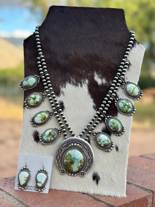 Handcrafted Sterling Silver & Palomino Turquoise Squash Blossom Necklace and Earring Set