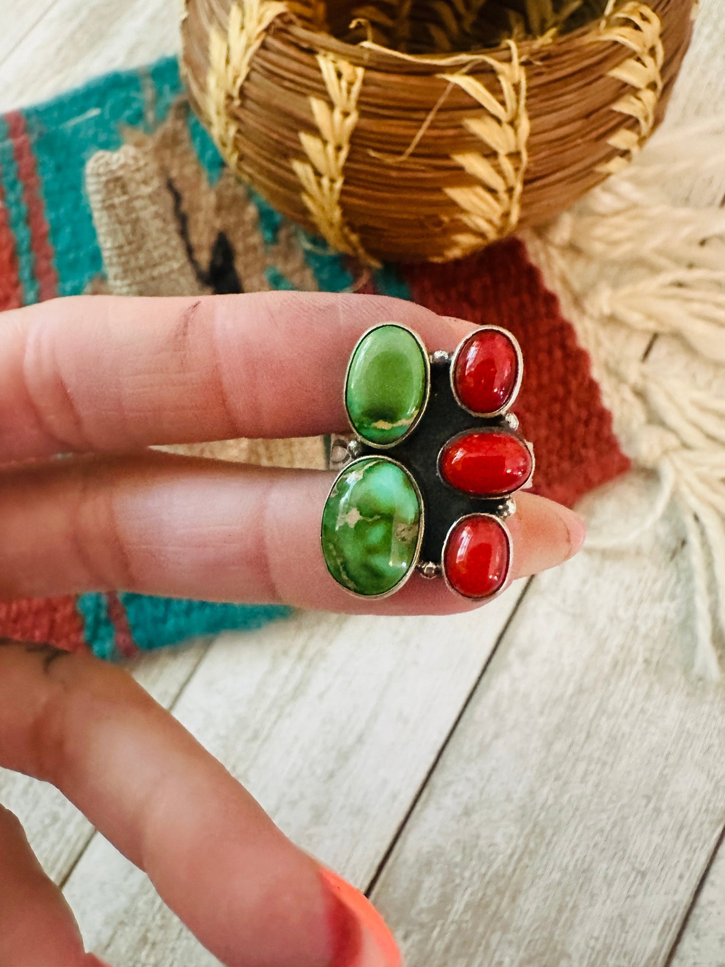 ** Christmas Collection ** Handmade Sterling Silver, Turquoise & Coral Adjustable Ring Signed Nizhoni