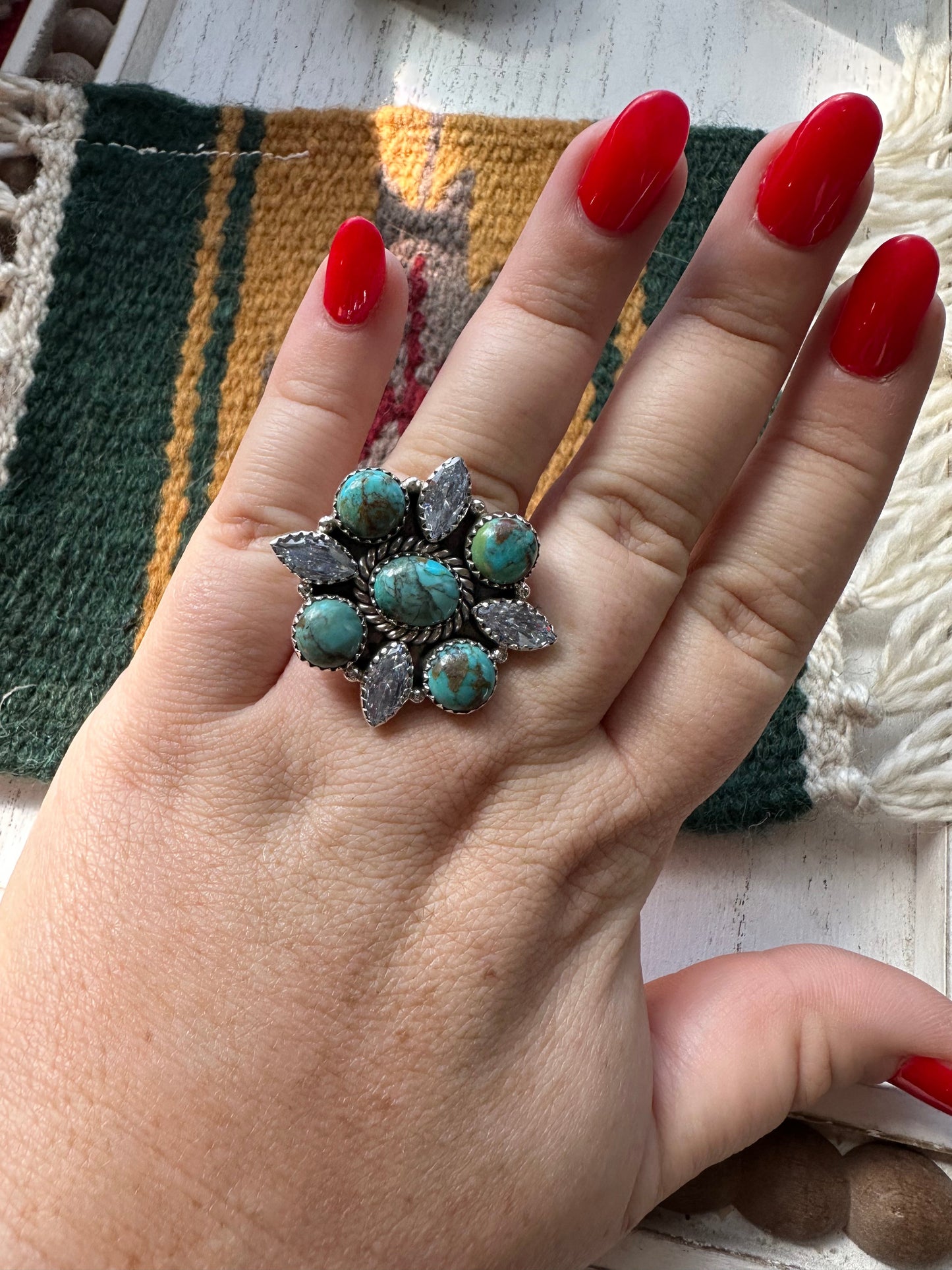 Nizhoni Handmade Adjustable Turquoise & Herkimer Diamond Sterling Silver Cluster Ring