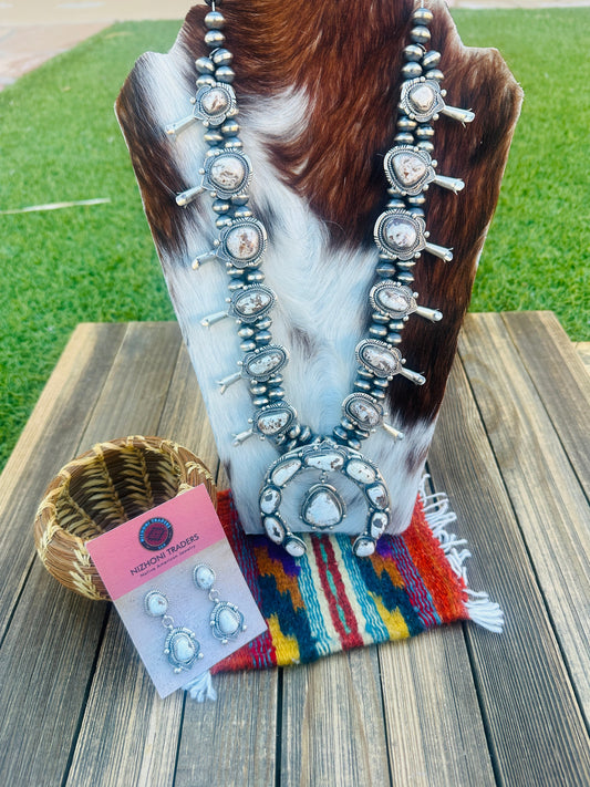 Handcrafted Dry Creek Turquoise & Sterling Silver Squash Blossom Necklace and Earring Set