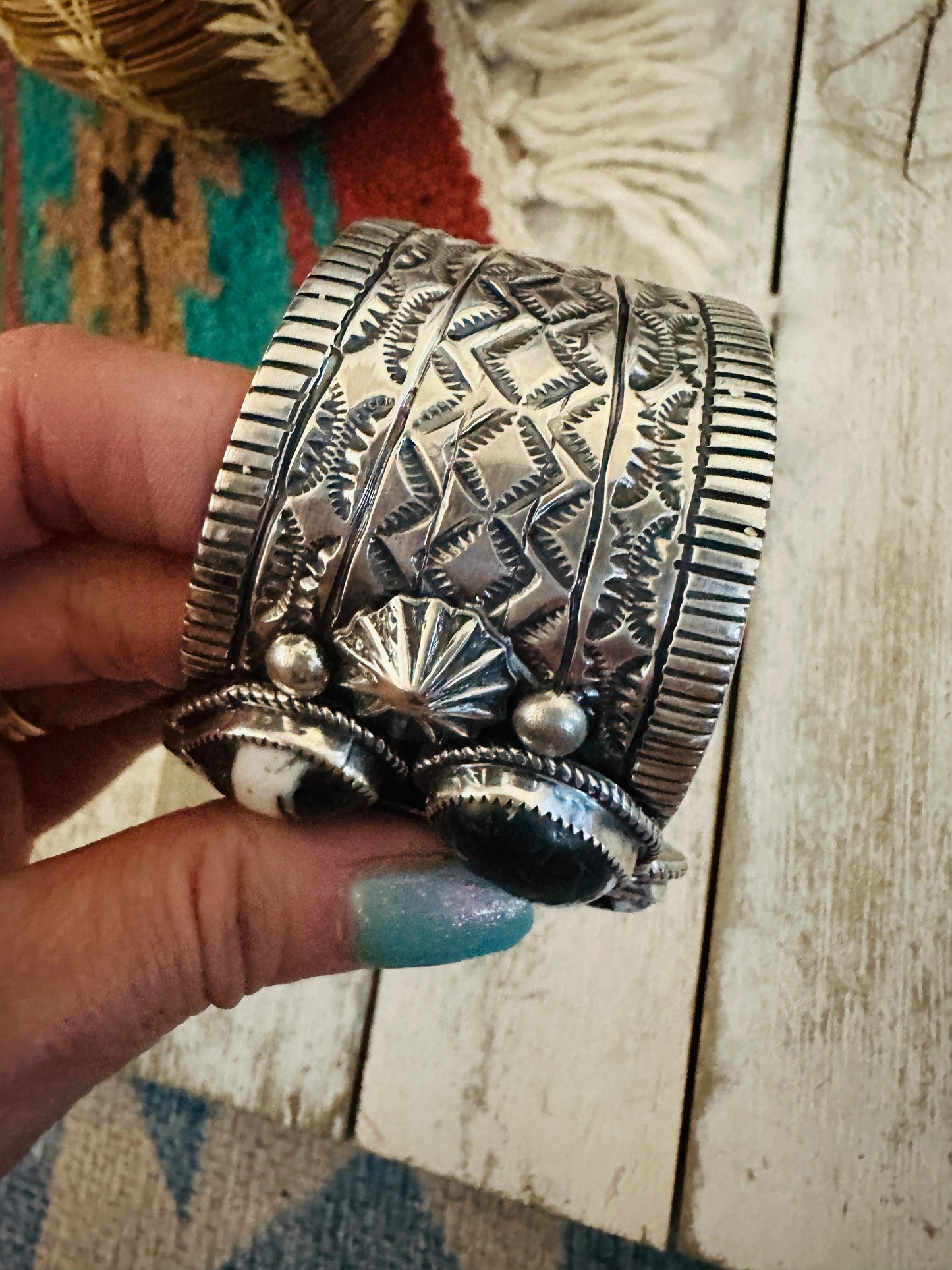 Handcrafted White Buffalo & Sterling Silver Cluster Cuff Bracelet