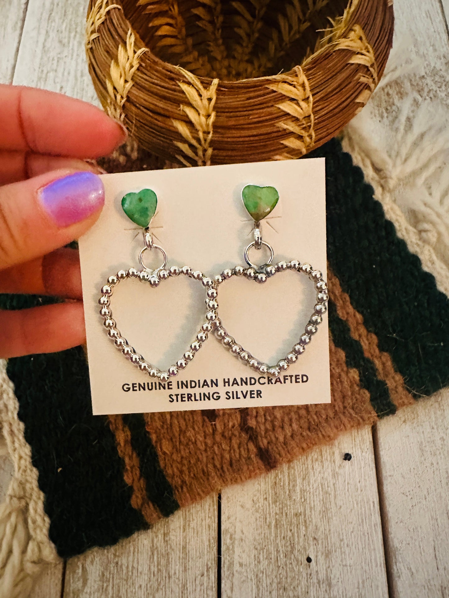 Handcrafted Sonoran Gold Turquoise & Sterling Silver Heart Dangle Earrings