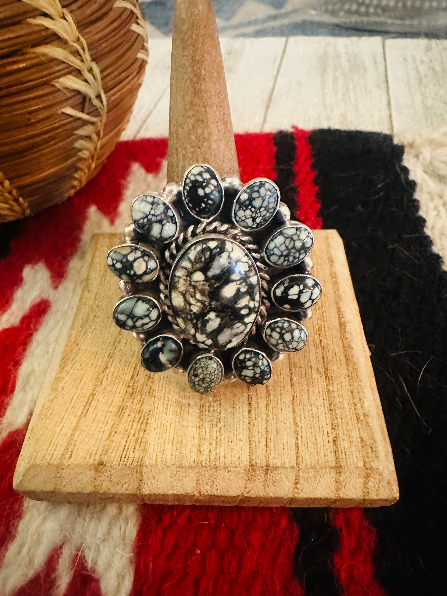 Handcrafted Sterling Silver & Tibetan Turquoise Cluster Adjustable Ring