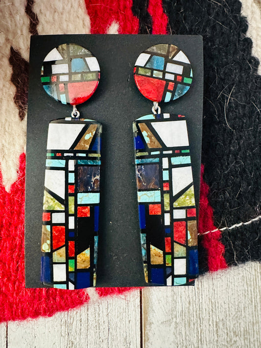 Handcrafted Multi Stone Inlay Dangle Earrings
