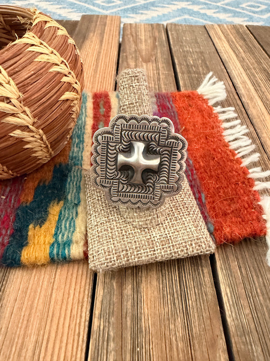 Handcrafted Sterling Silver Adjustable Cross Concho Ring by Leander Tahe