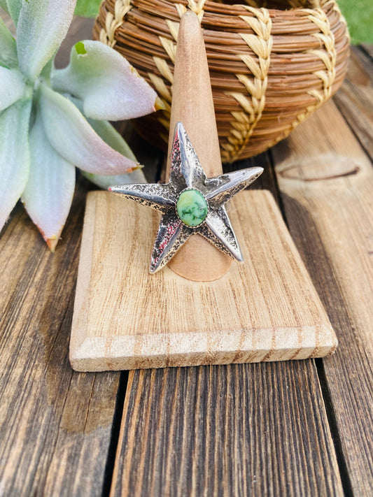 Handcrafted Turquoise & Sterling Silver Star Ring Size 8.5 Signed