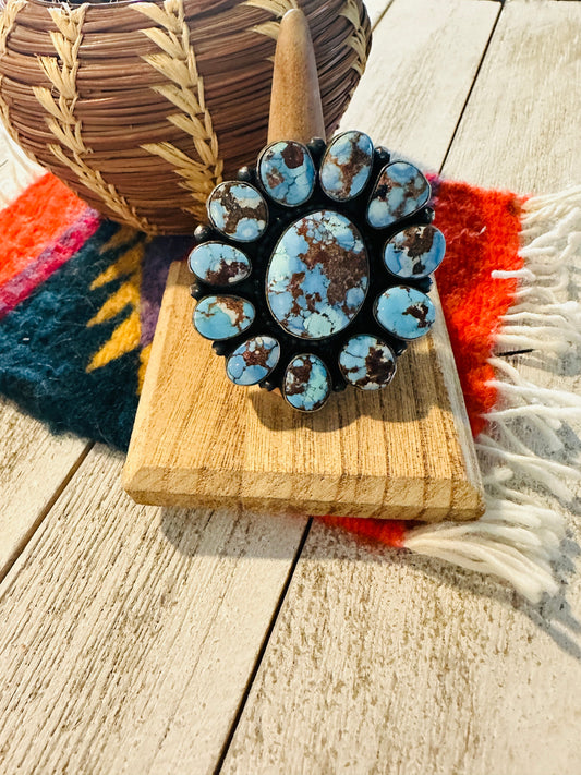 Handcrafted Golden Hills Turquoise & Sterling Silver Cluster Ring by Blaine Yellowhorse, Size 8.5