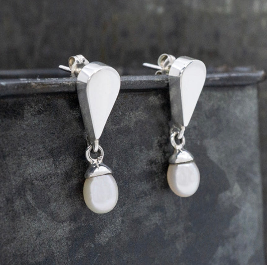 Inverted Teardrop Earrings w/ Pearl Dangle