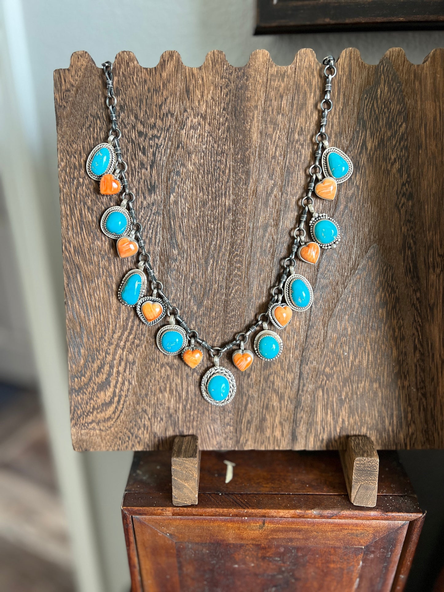 Handcrafted Sterling Silver, Turquoise & Spiny Heart Necklace, Signed RY