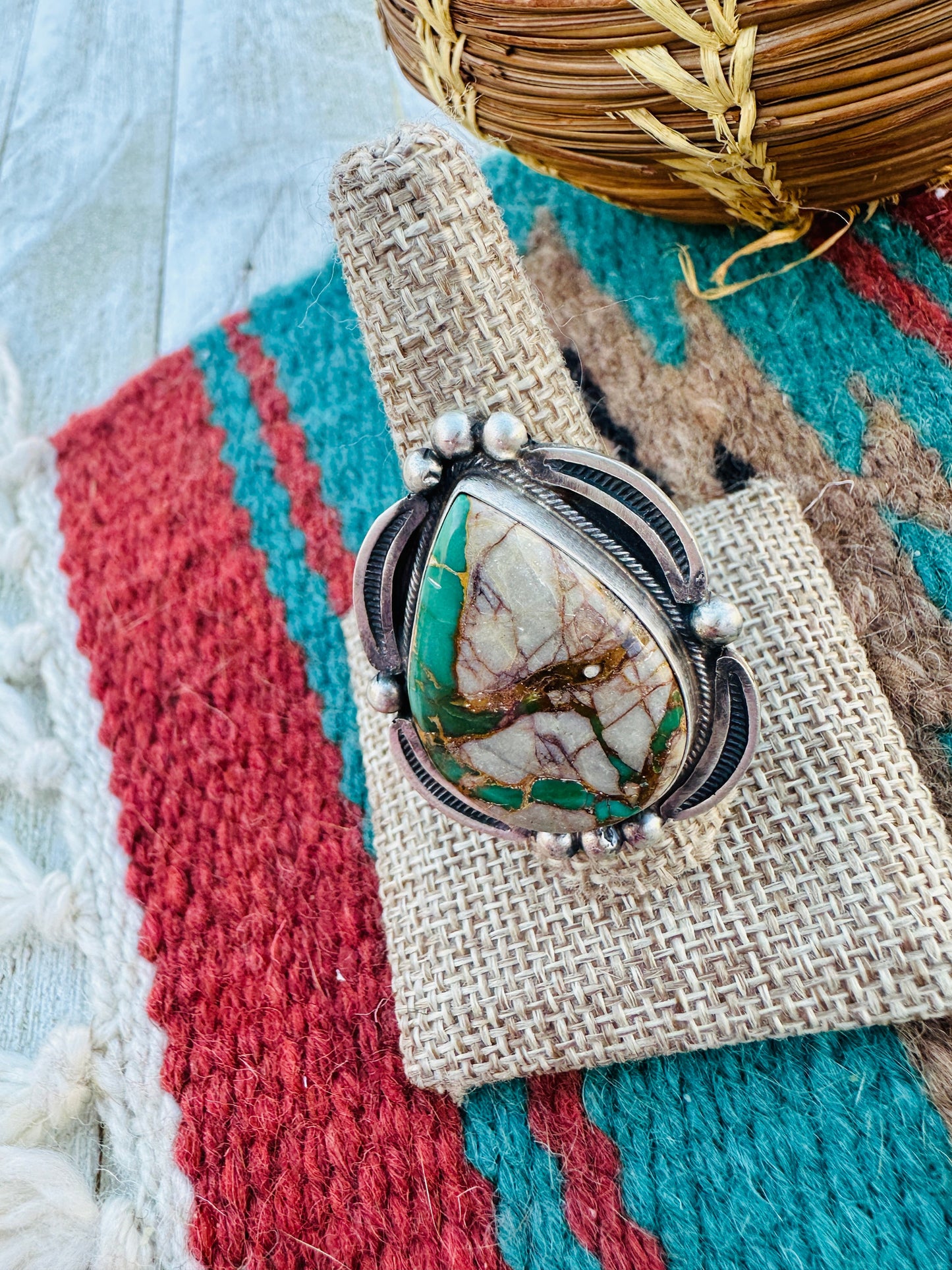 Hand Crafted Ribbon Turquoise & Sterling Silver Ring Size 9.5