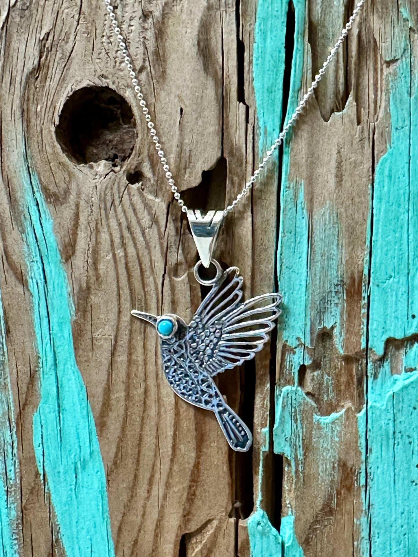 Hummingbird with Turquoise Eyes Sterling Silver Necklace