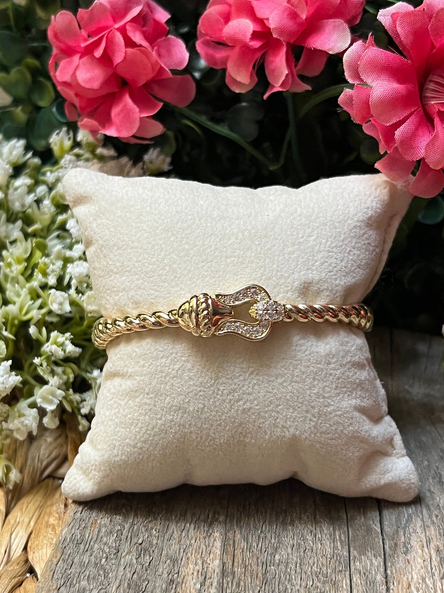 14k Gold Plated CZ Cable Bracket Bangle Bracelet