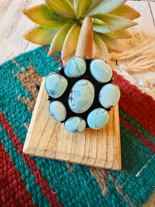 Handcrafted Golden Hills Turquoise & Sterling Silver Cluster Ring Size 7.5