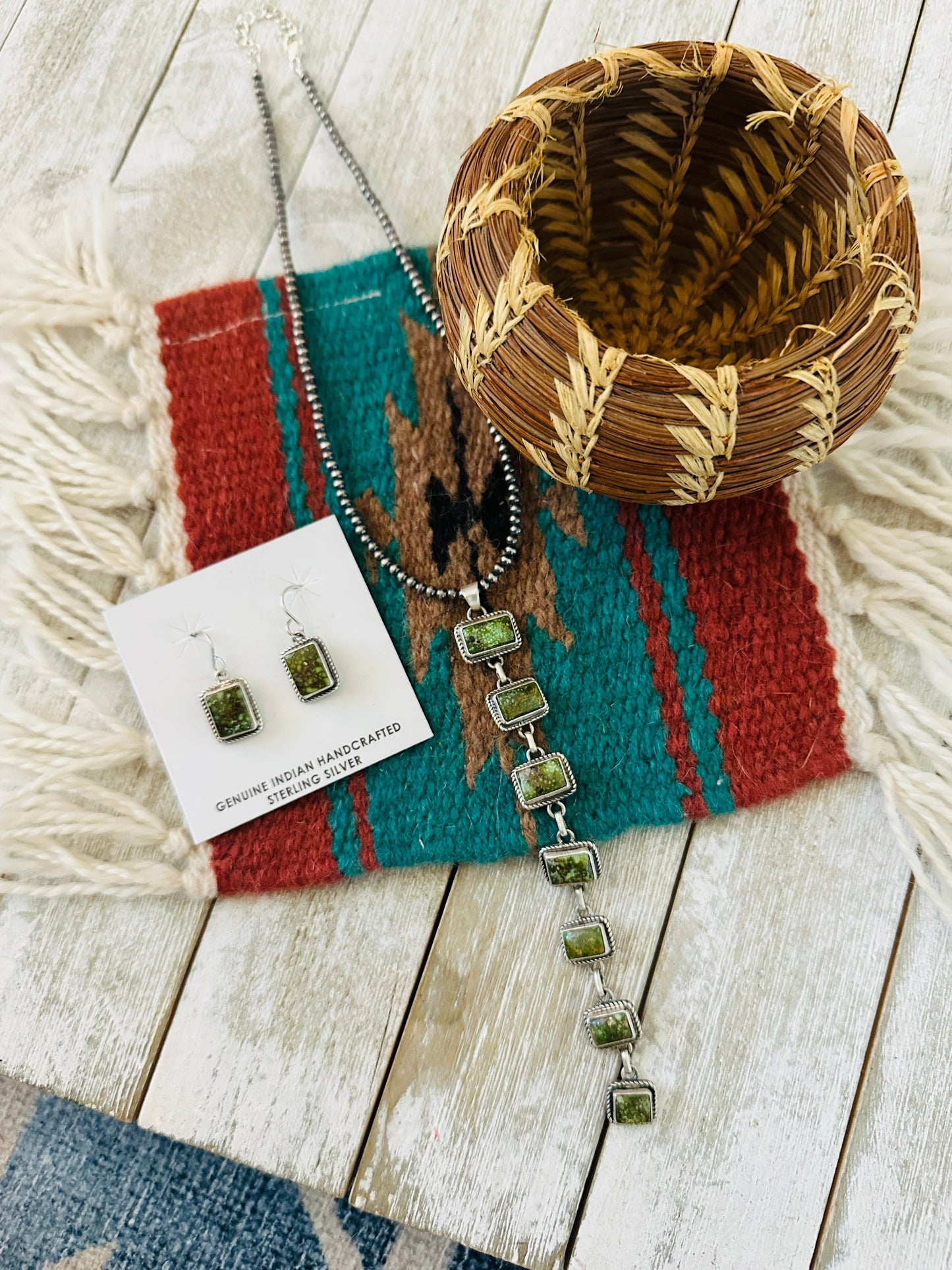 Handcrafted Sonoran Gold Turquoise & Sterling Silver Lariat Necklace Set