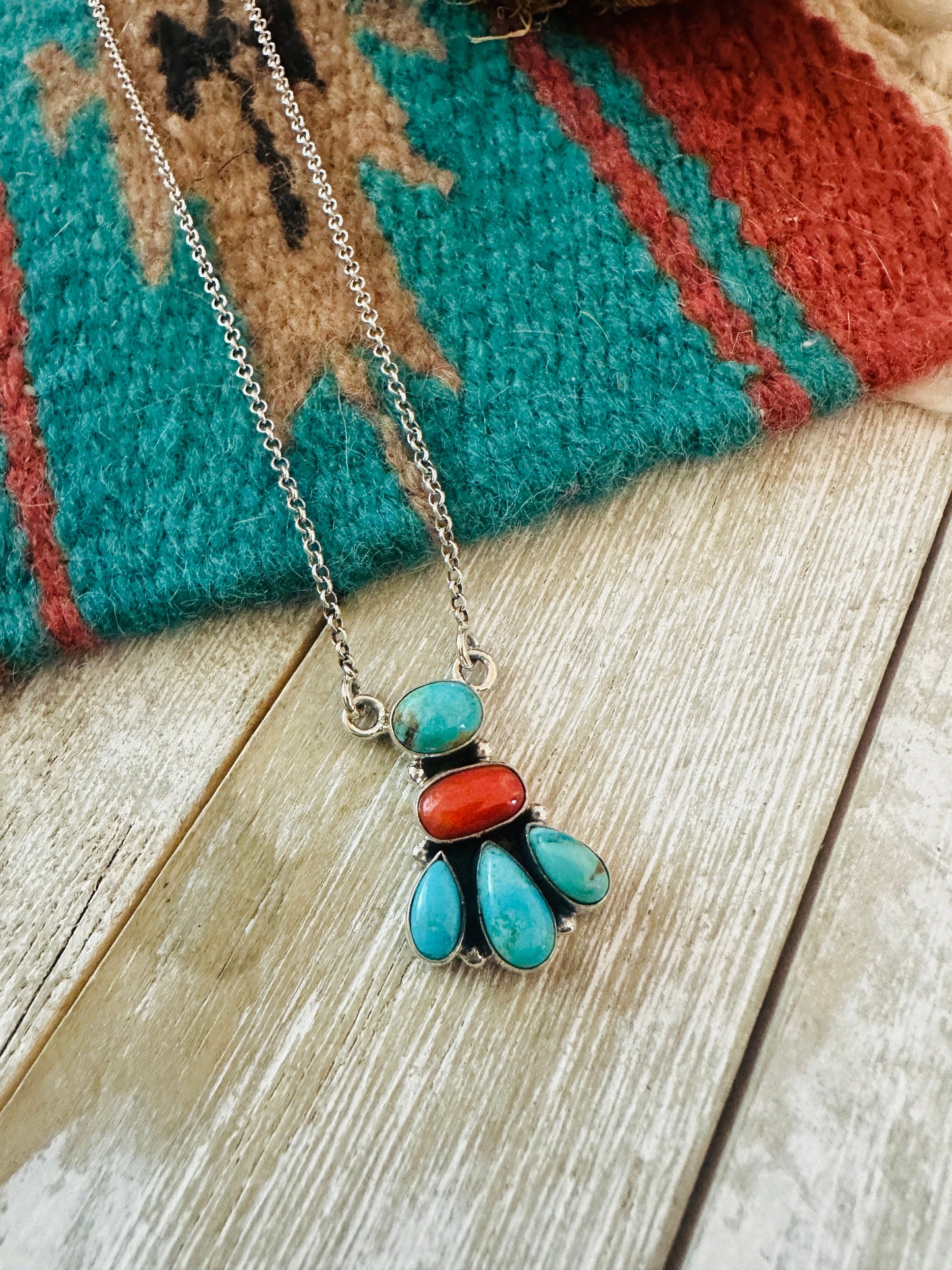 ** Christmas Collection ** Handmade Sterling Silver, Turquoise & Coral Necklace Signed Nizhoni