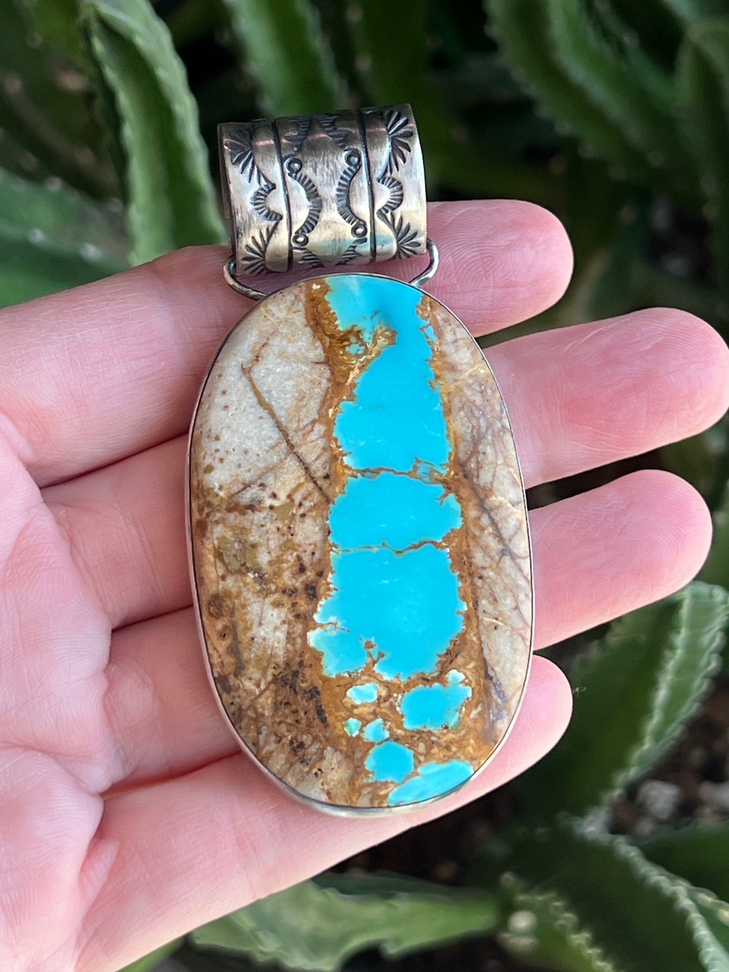 Handcrafted Sterling Silver and Royston Ribbon Turquoise Solo Pendant by Angela Martin