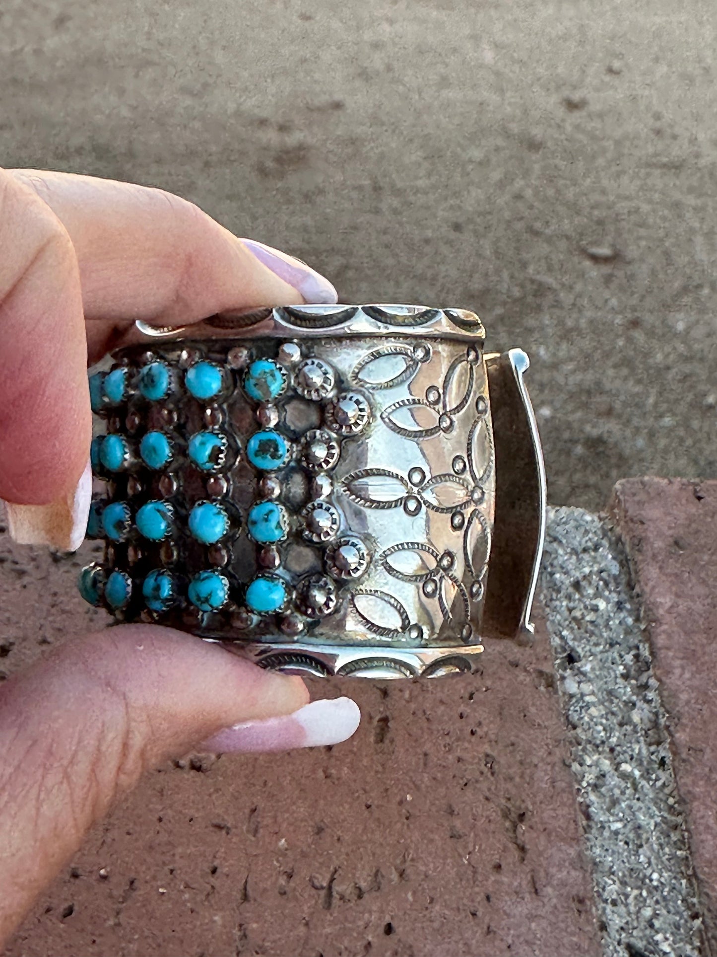 Estate Collection Old Pawn Handcrafted Sterling Silver & Turquoise Snake Eye Cuff Bracelet /
