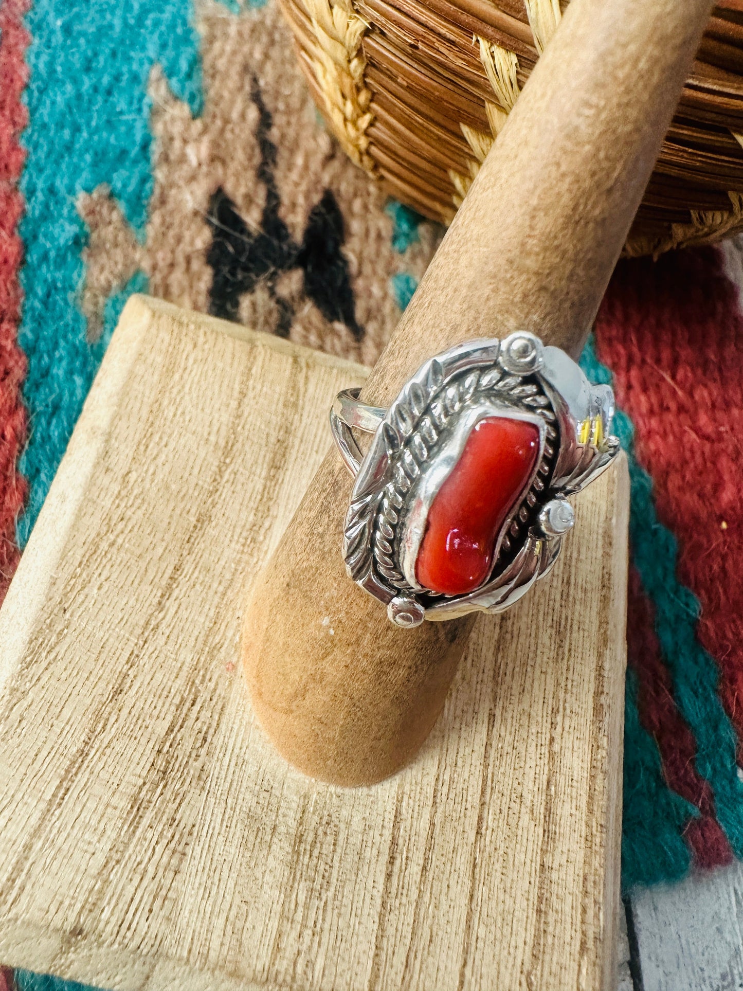 Handcrafted Coral & Sterling Silver Ring Size 5.5