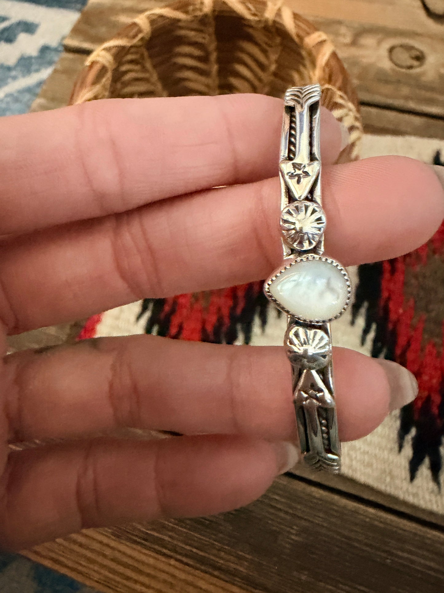 Handcrafted Sterling Silver and Mother of Pearl Cuff Bracelet