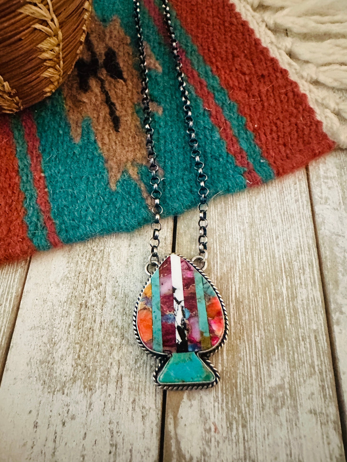 Handcrafted Sterling Silver & Multi Stone Inlay Spade Necklace