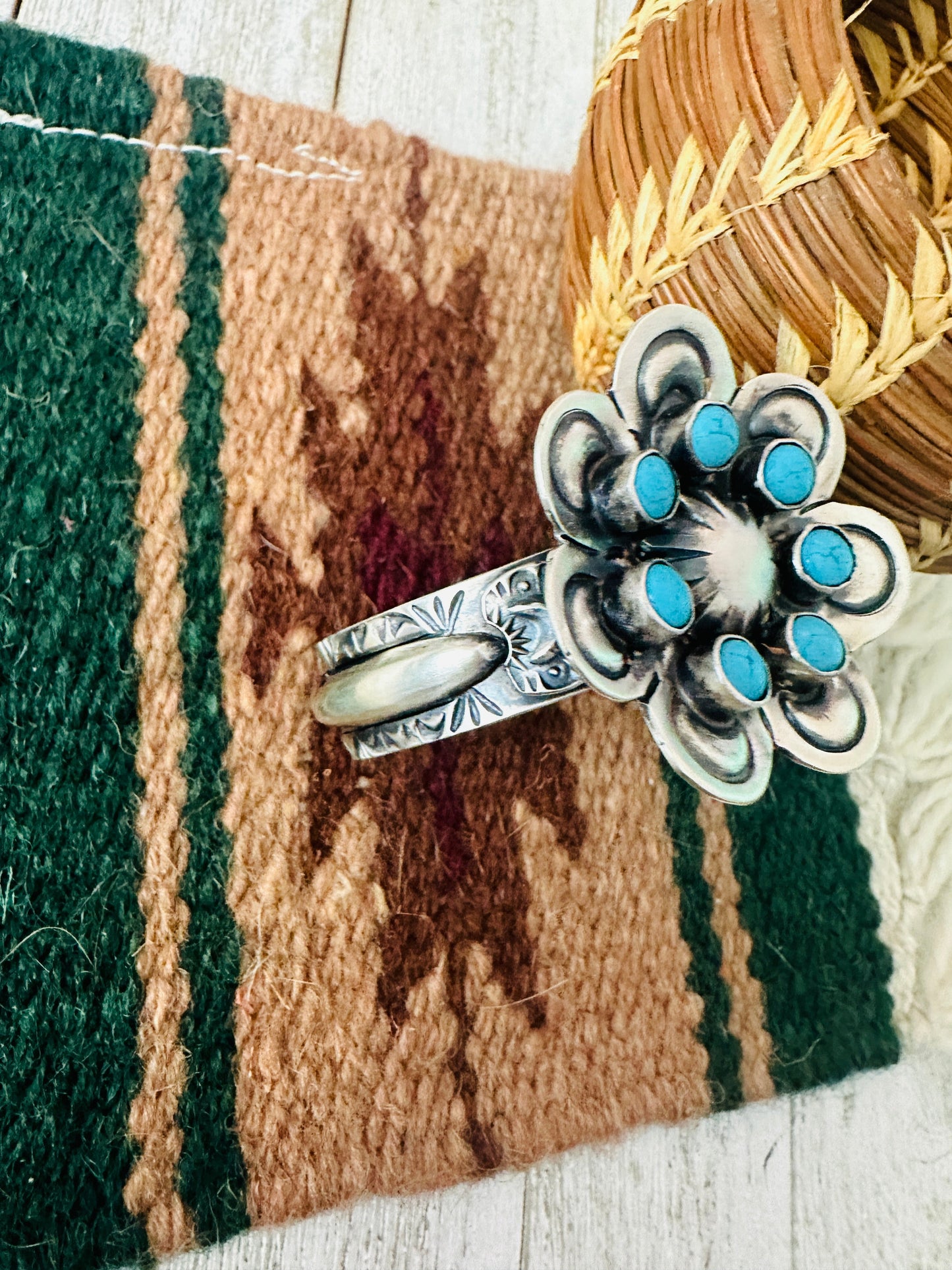 Sterling Silver & Turquoise Flower Cluster Cuff Bracelet /