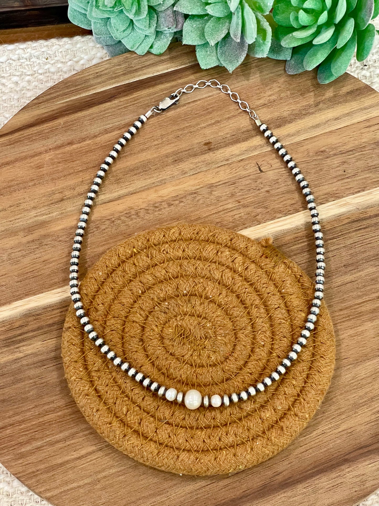 Handmade Sterling Silver & Pearl Beaded 14” Necklace