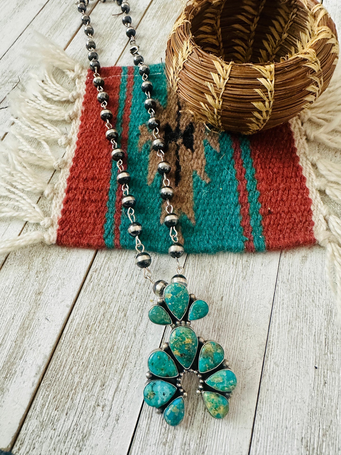 Handcrafted Sterling Silver & Sonoran Gold Turquoise Beaded Naja Necklace Signed