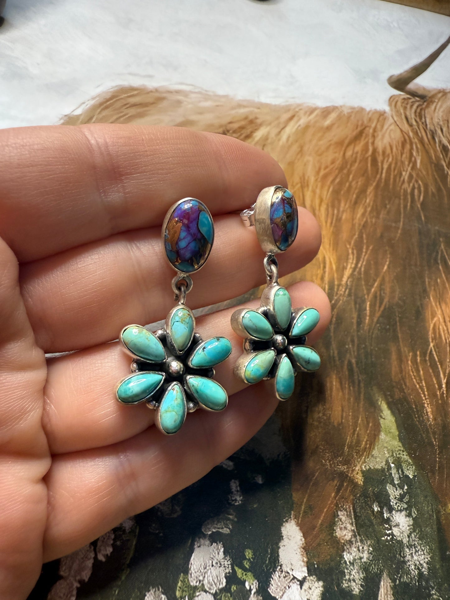 Handmade Sterling Silver, Turquoise ,Purple Dream Mojave Dangle Earrings