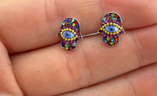 Hamsa Multi-Color Evil Eye Sterling Silver Stud Earrings