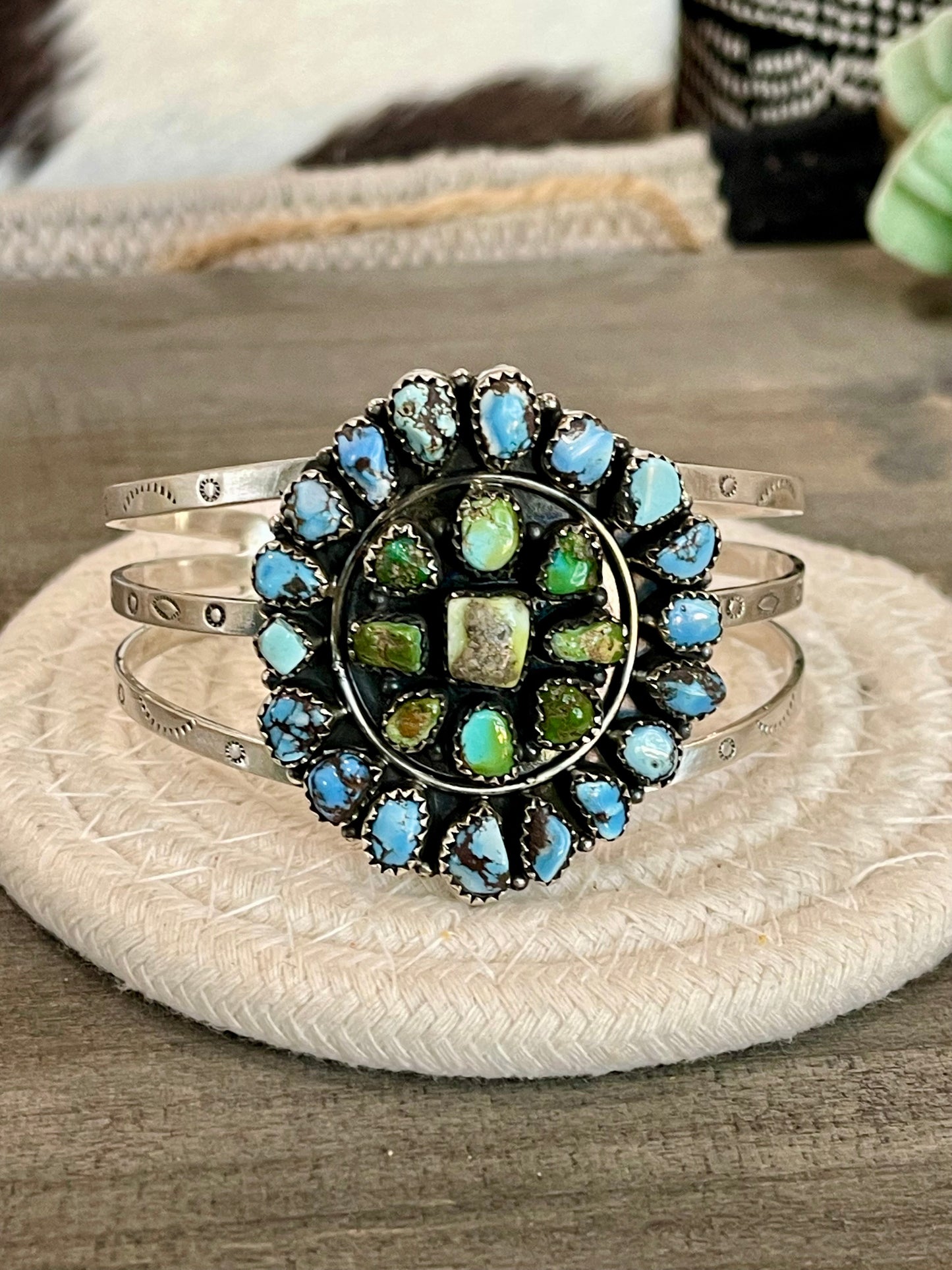 Beautiful Handmade Sterling Silver, Turquoise Multi Stone Cuff