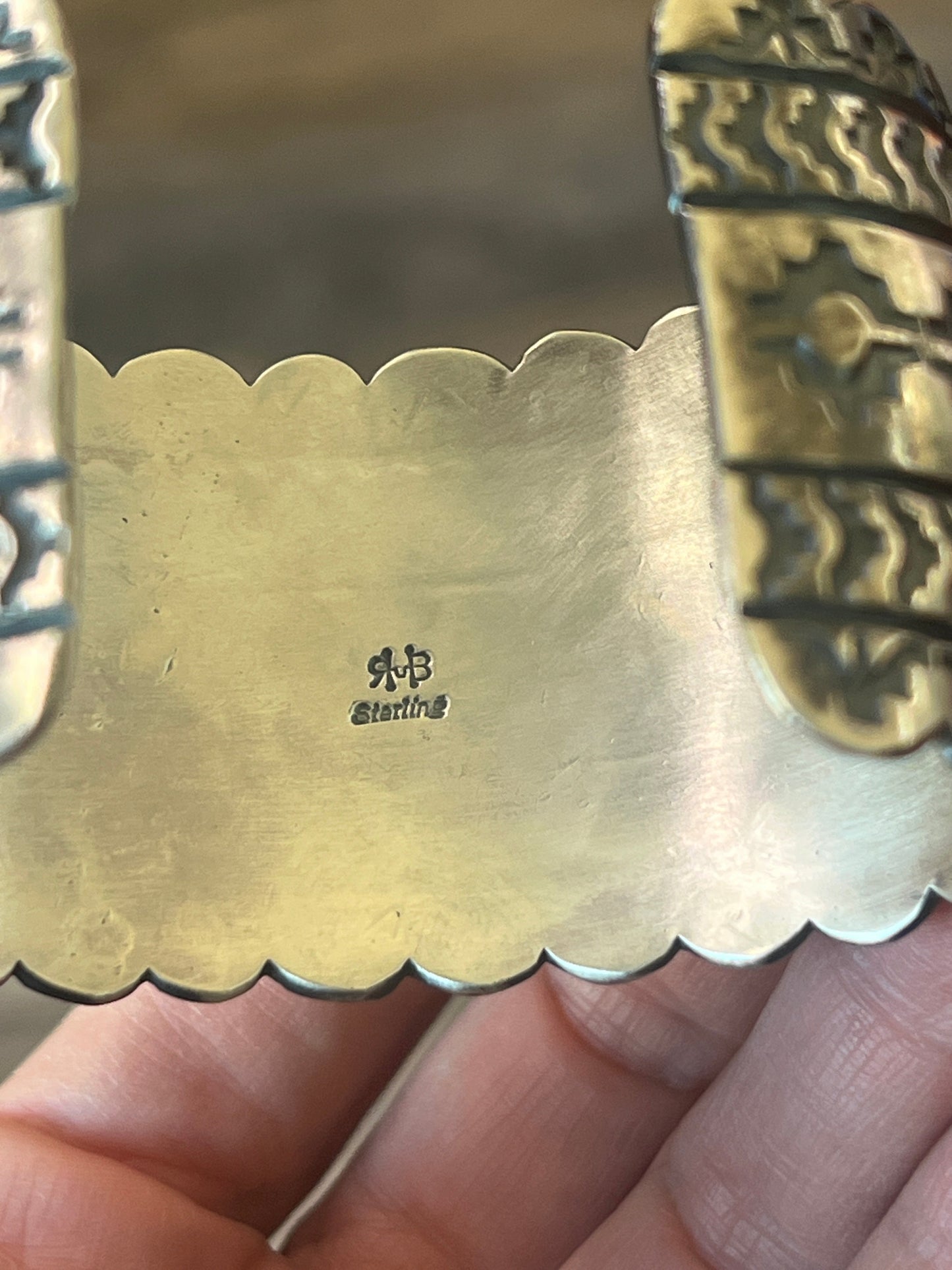 Handcrafted Hand Stamped Sterling Silver and Blackjack Turquoise Cuff Bracelet by Randy Boyd