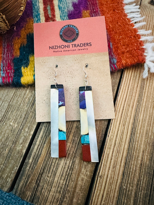 Handcrafted Multi Stone Inlay Slab Dangle Earrings