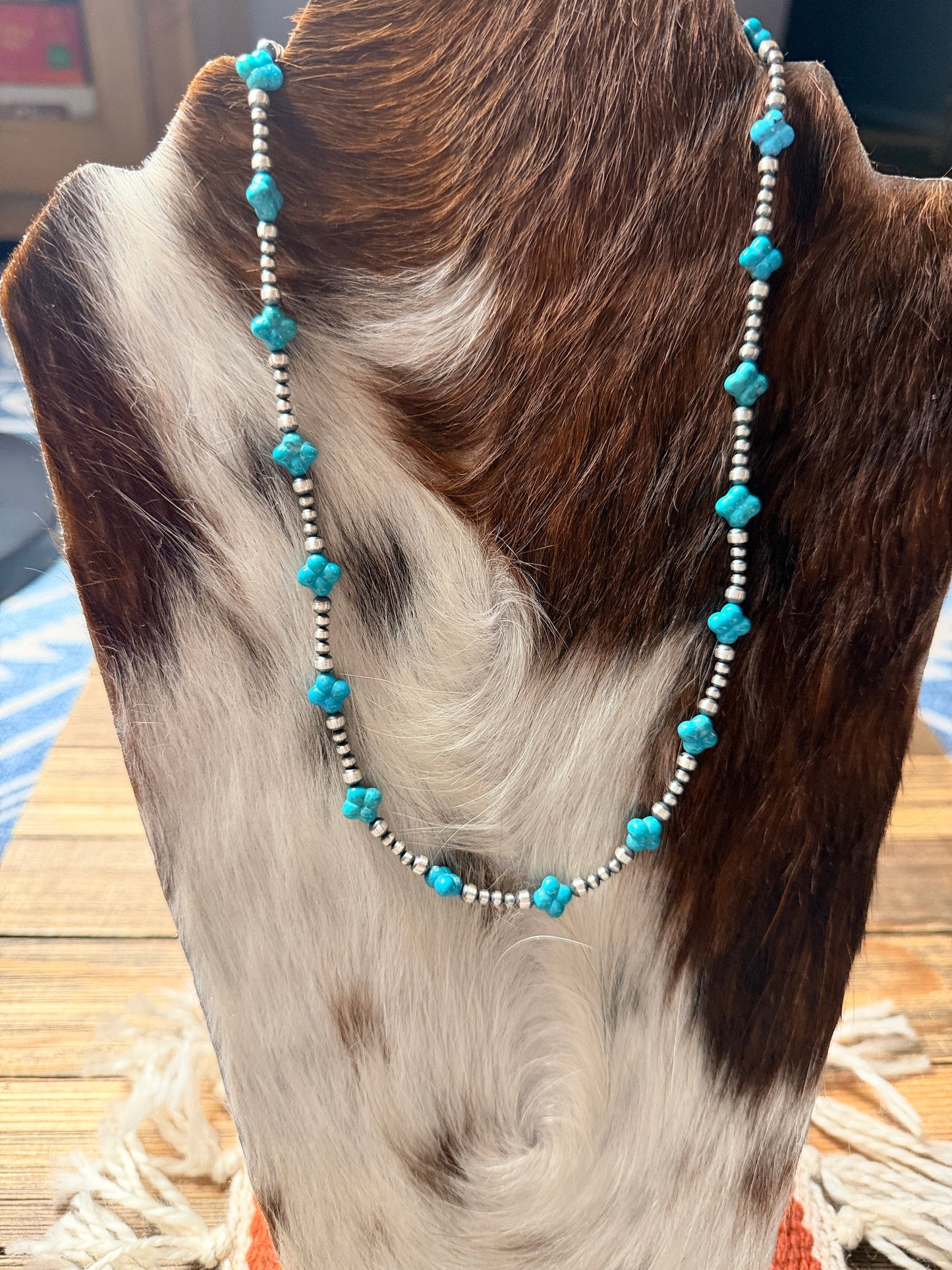 Handcrafted Quatrefoil Shaped Turquoise & Sterling Silver Pearl 20" Beaded Necklace