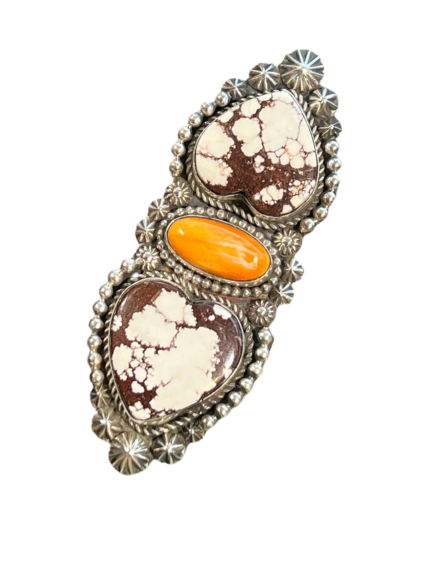 Apache Sterling Silver, Wild Horse Heart and Spiny Oyster Shell Statement Ring by Rosella Paxson, Size 9
