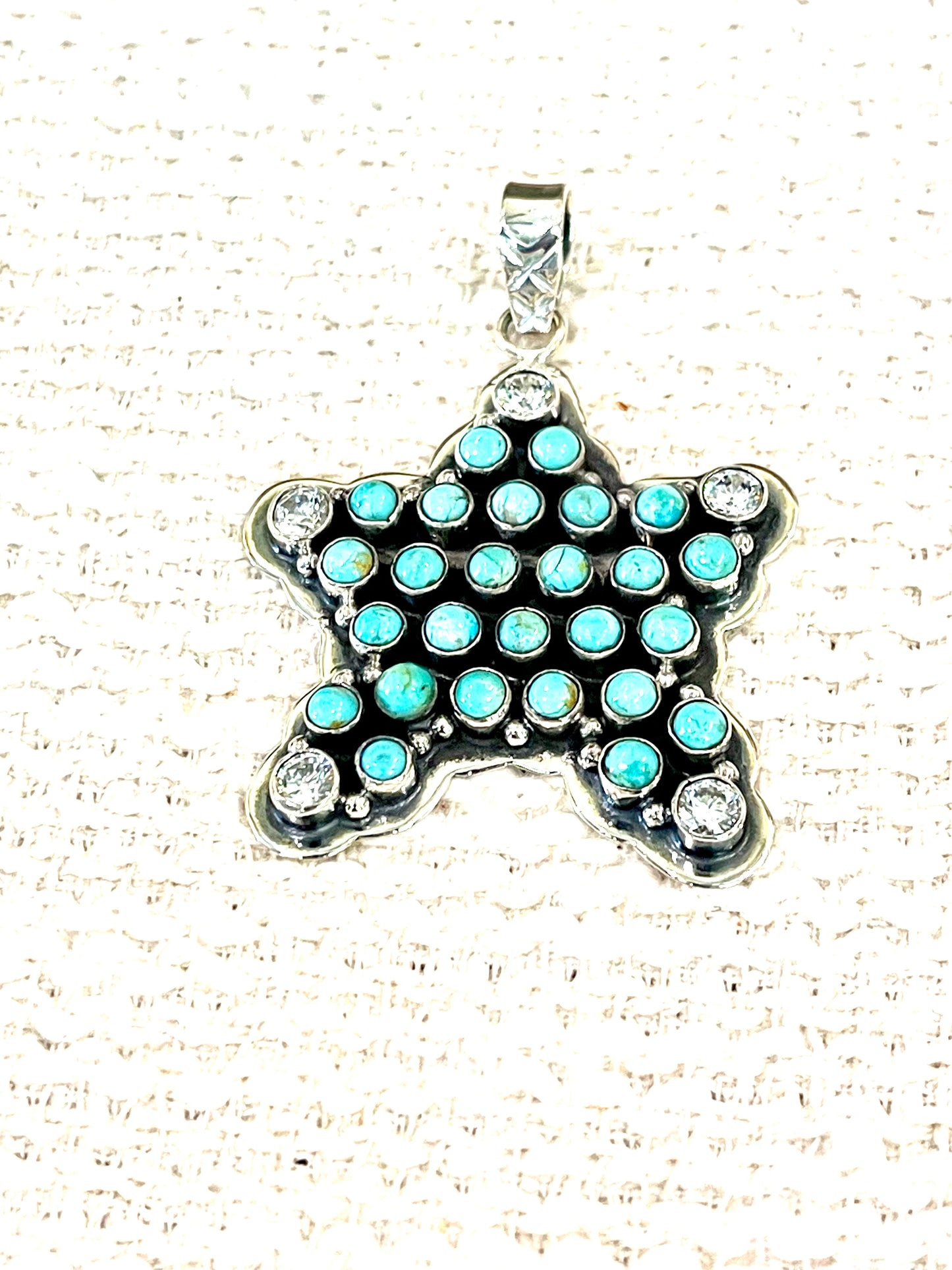 ** Christmas Collection ** Handmade Sterling Silver, Turquoise & CZ Star Pendant Signed Nizhoni